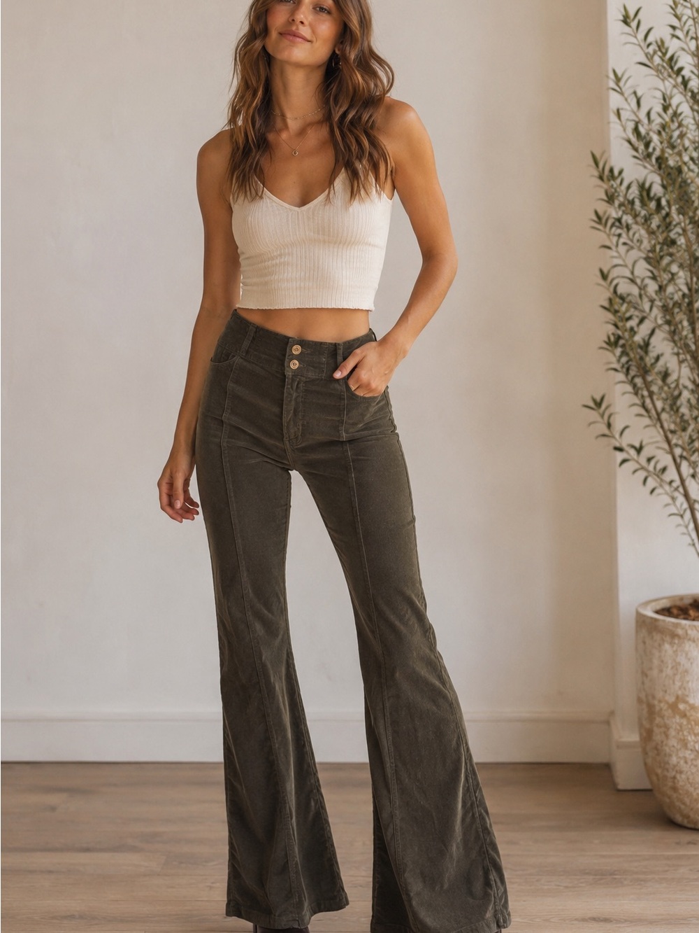 We The Free Corduroy High-Rise Pants in Olive Brown